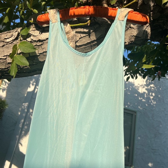 Vtg Baby Blue V-Neck Sleeveless Slip Dress with Floral Lace Neckline | Small - Picture 15 of 17